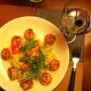 Spicy Shrimp on Wine Cream Angel hair pasta,Arugula,Balsamic Tomatoes