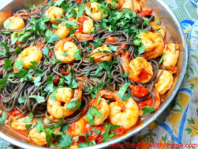 Black Squid Ink Pasta with Shrimp & Cherry Tomatoes