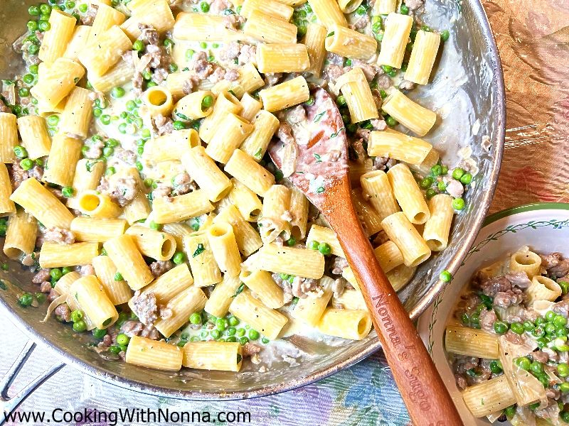 Pasta with Gorgonzola Cream Peas & Sausage