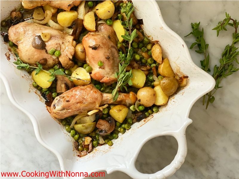 Baked Chicken Marsala with Peas Mushrooms & Potatoes 