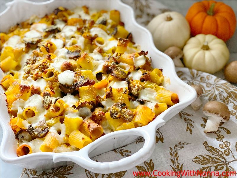 Butternut Squash Sausage & Mushroom Pasta al Forno - Butternut Squash Sausage & Mushroom Pasta Bake