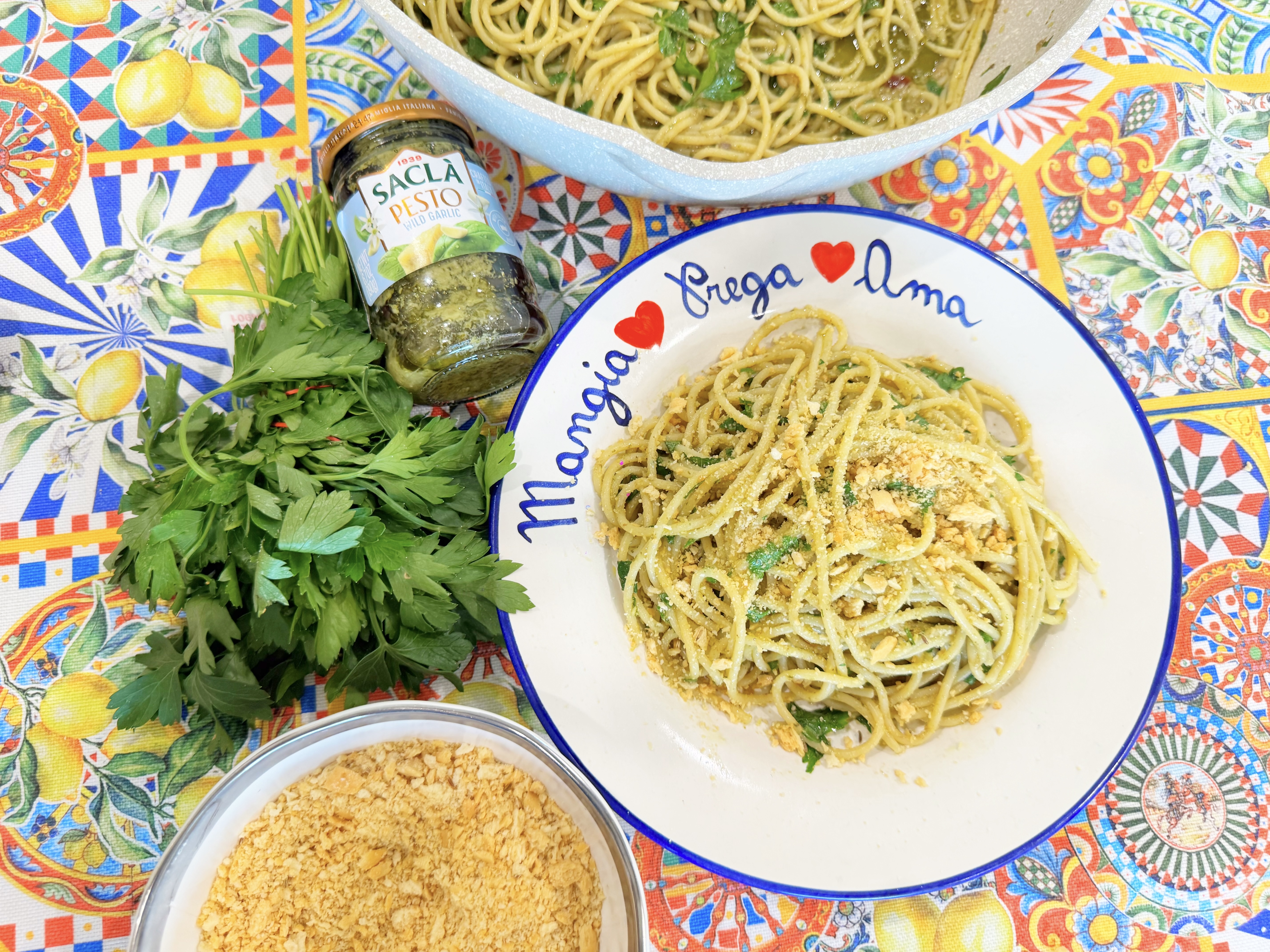 Spaghetti with Saclà Wild Garlic Pesto, Anchovies & Crumbled Taralli