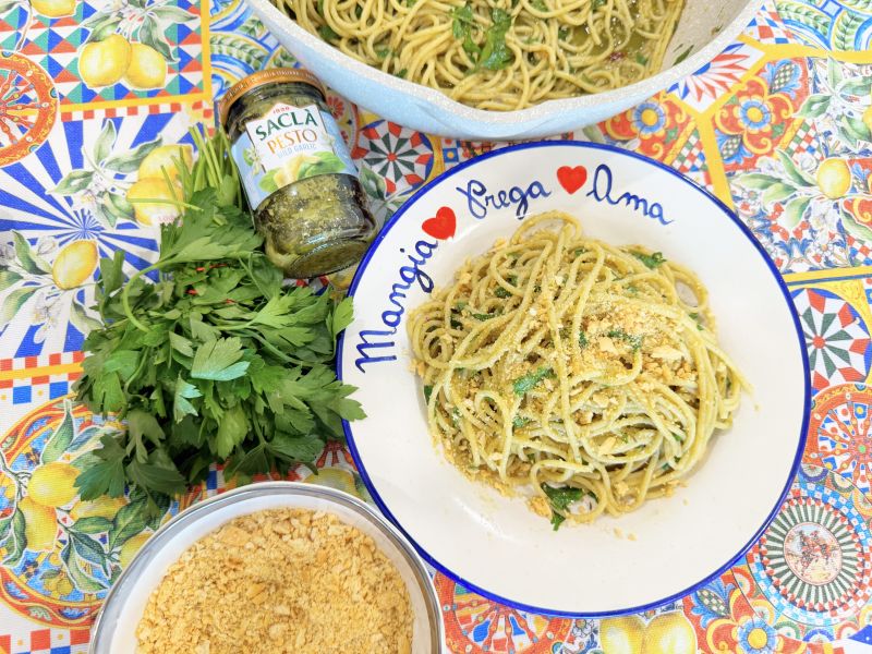 Spaghetti with Saclà Wild Garlic Pesto, Anchovies & Crumbled Taralli