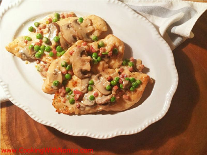 Creamy Chicken with Peas, Prosciutto and Mushrooms