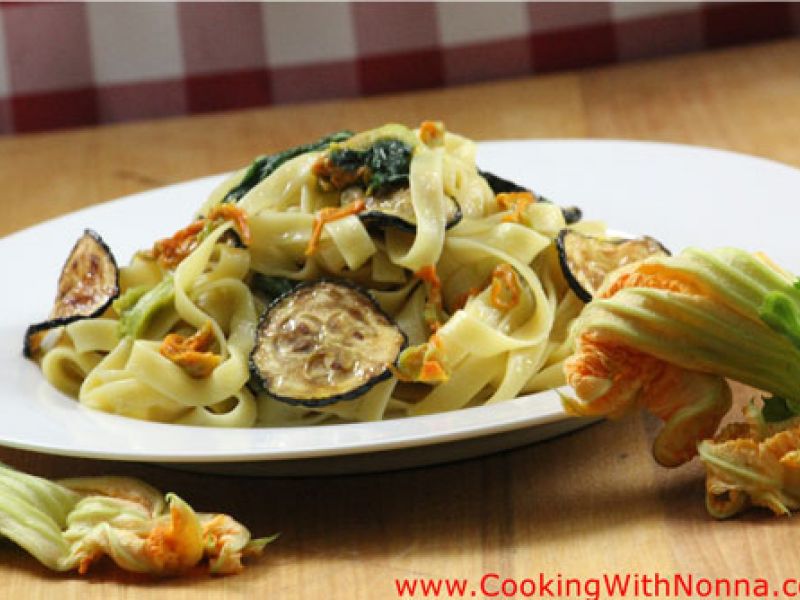 Tagliatelle with Zucchini Flowers, Leaves and Fried Zucchini