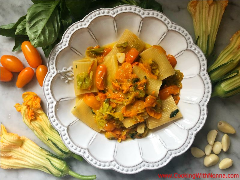 Paccheri with Zucchini Flowers and Tomatoes Paccheri with Zucchini Flowers and Tomatoes