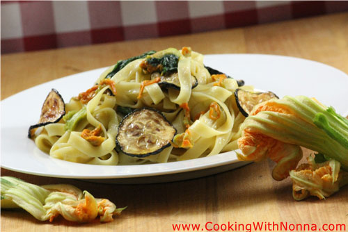 Tagliatelle with Zucchini Flowers, Leaves and Fried Zucchini