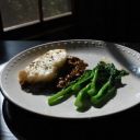 Chilean Sea Bass with Red Wine Mushrooms and Broccoli Rabe.