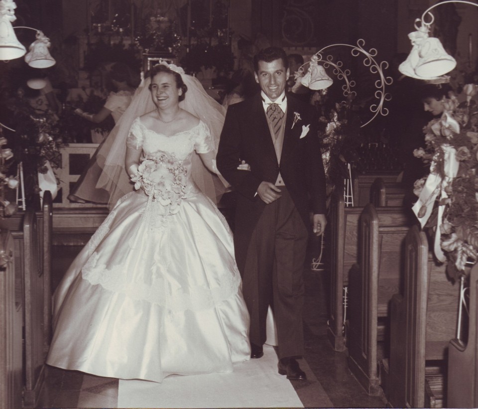 Photos taken moments after my parents were married.  These are my favorite photos of their wedding.  The kiss at the back of the church is so romantic.  My parents are Joan Follina & Marion Brancato, married on April 5, 1956.  They are both still alive and will celebrate their 62nd anniversary this year.