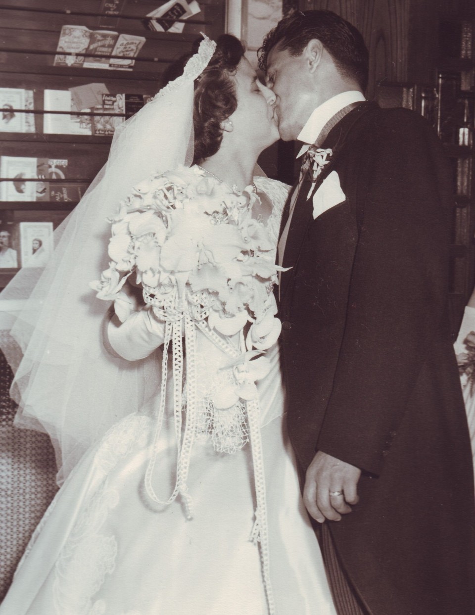 Photos taken moments after my parents were married.  These are my favorite photos of their wedding.  The kiss at the back of the church is so romantic.  My parents are Joan Follina & Marion Brancato, married on April 5, 1956.  They are both still alive and will celebrate their 62nd anniversary this year.